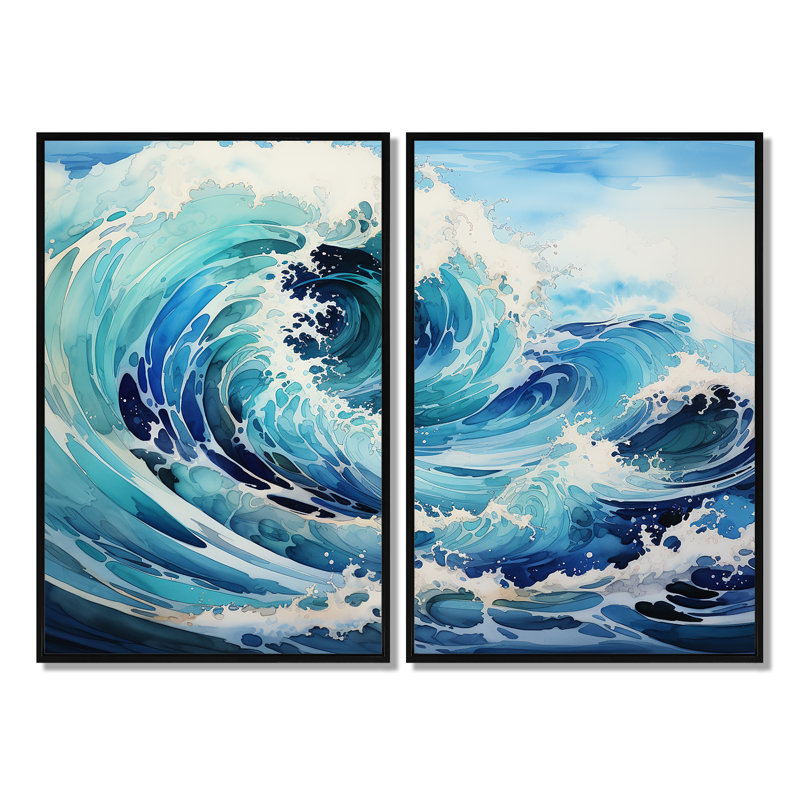 «Blue Wave Ocean Storm» - art mural nautique bleu, Noir, H 36 po x l 48 po, Reproduction encadrée sans passe-partout