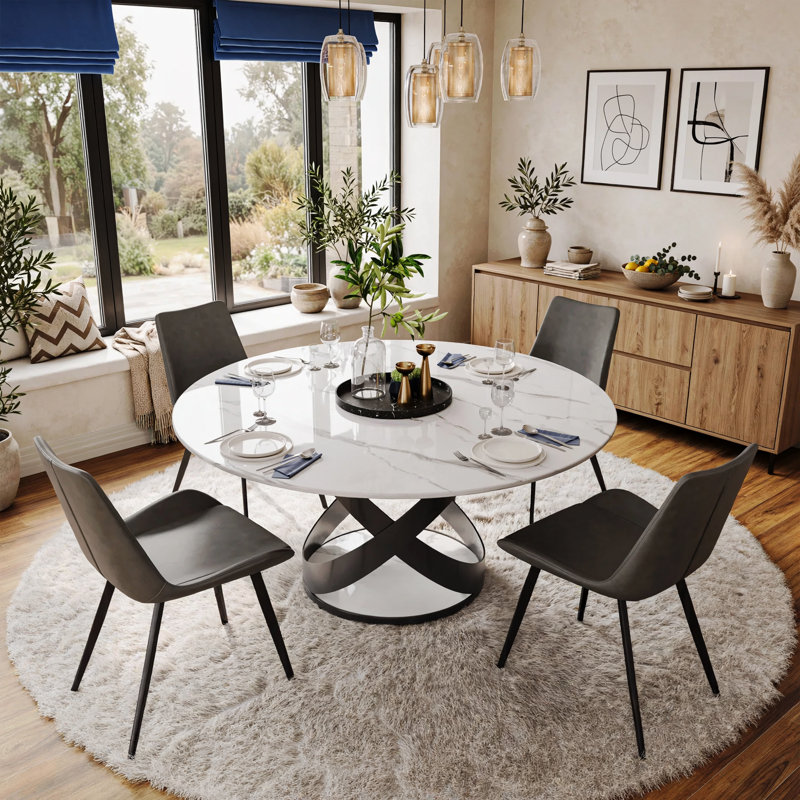 Table de salle à manger Maxwell, Blanc lustré, Noir, H 29,53 po x L 51,18 po x l 51,18 po