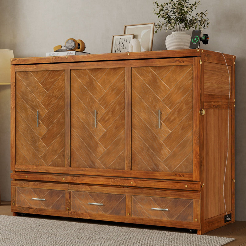 Queen Solid Wood Murphy Bed with Built-In USB Charging Station and Geometrical Decoration Panel, Walnut