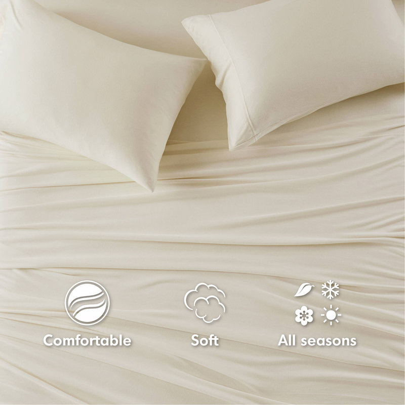 Ensemble de draps en tricot de coton toutes saisons, Couvre-lit grand + 3 pièces supplémentaires, Crème, crème