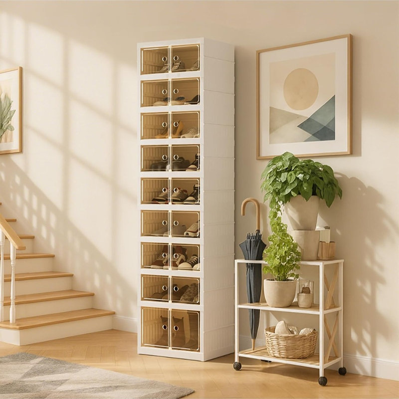 Rangement à chaussures pliable avec portes magnétiques transparentes et roulettes – Étagère à chaussures empilable à plusieurs niveaux pour garde-robe et maison