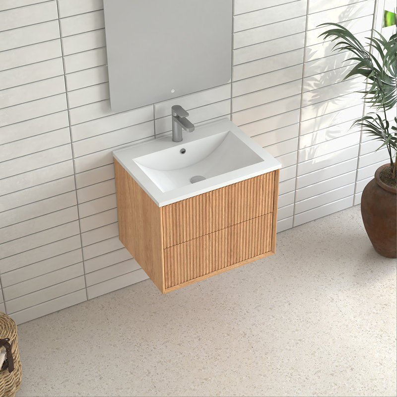 Ensemble de meuble-lavabo flottant 24 po, armoire de salle de bain murale en bois massif avec 2 tiroirs de rangement, lavabo intégré en résine blanche