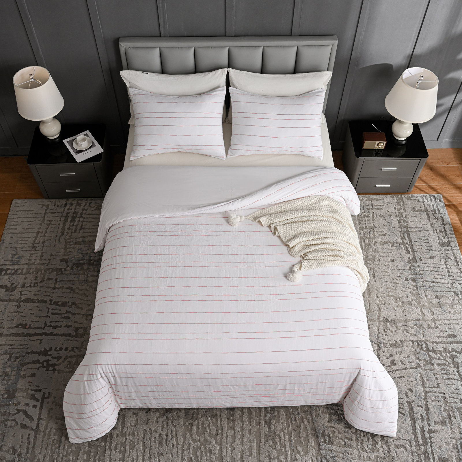 Zari Cotton Percale Duvet Cover Set, Queen Duvet Cover + 2 Shams, White/Pink