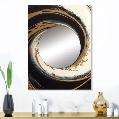 Cercle noir et doré V - miroir spirales abstraites, miroir mural décoratif noir, art imprimé en métal