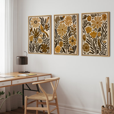 Vintage Floral Botanical Mustard Yellow Flower Illustration Wall Art Framed Canvas Master Bedroom Wall Art Work 3 Pieces Print Set