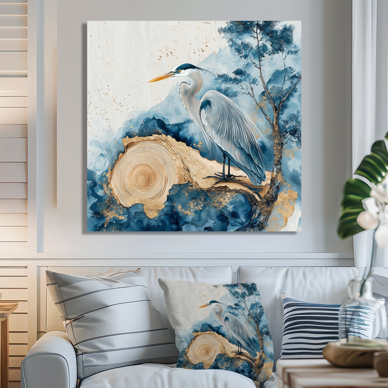 Auron héron dans l'encre de Chine dorée paysage II - héron, art mural, Toile tendue, Ne s’applique pas, H 16 po x l 16 po