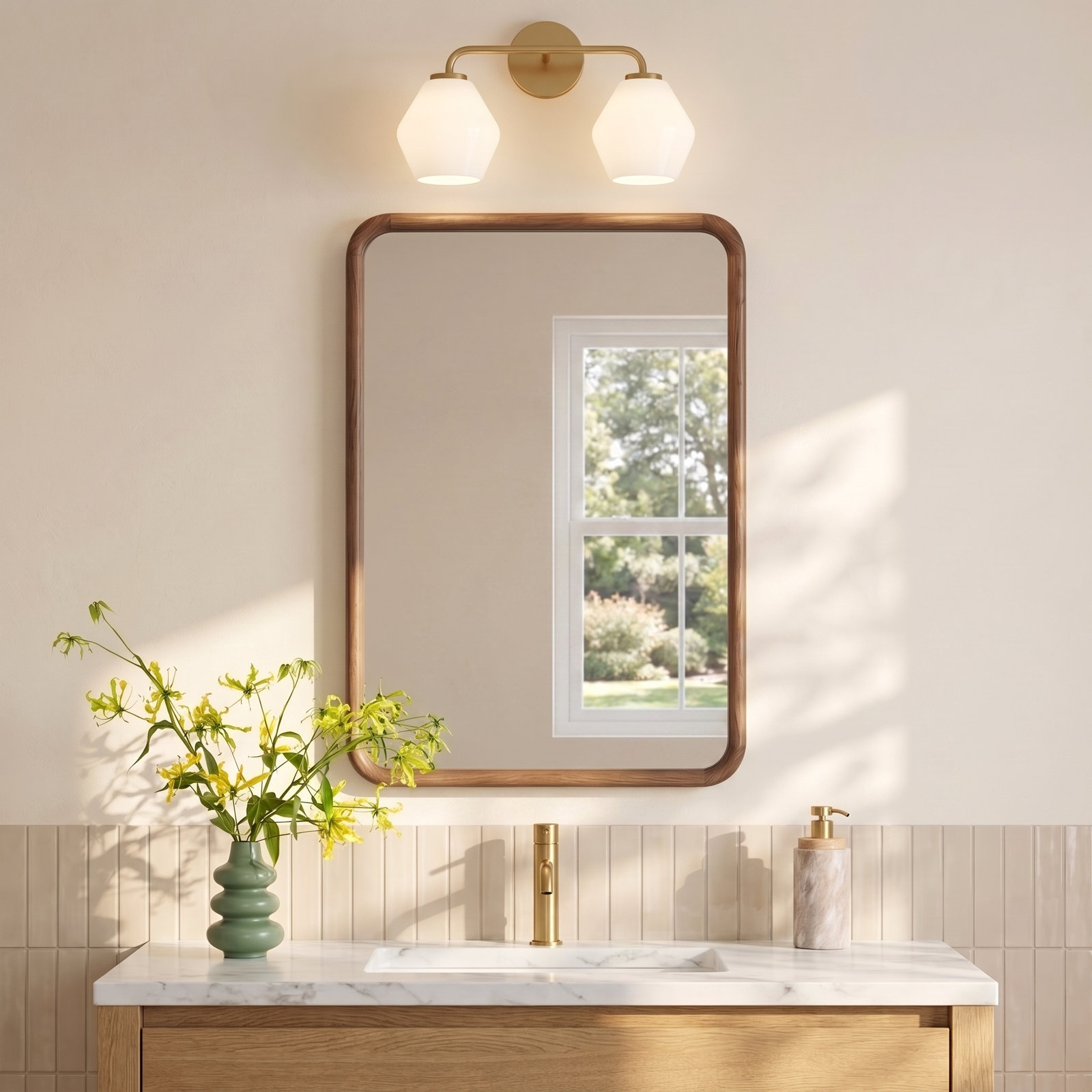 Rooks 2-Light Dimmable Vanity Light, Satin Brass, White