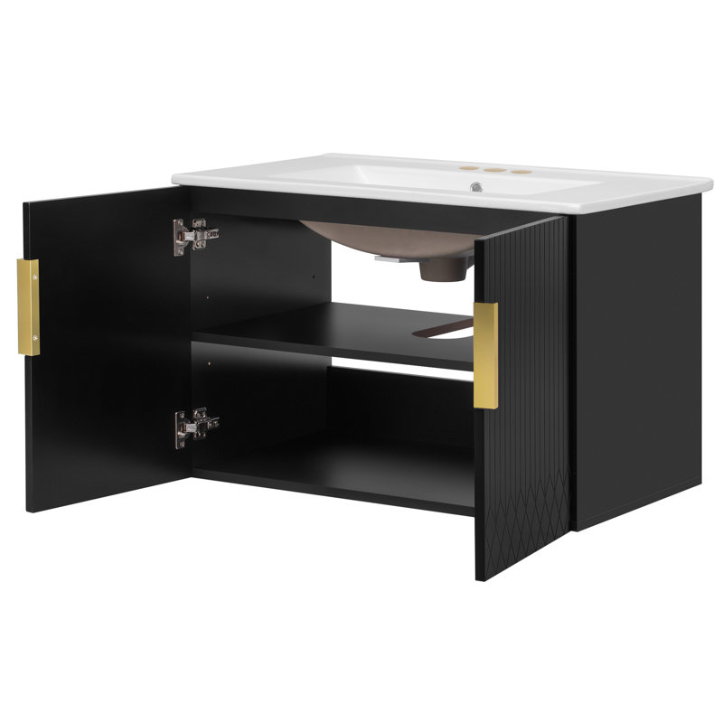 Meuble-lavabo de 30 po avec lavabo simple en céramique à 3 trous, conception murale de qualité, tablette ajustable lustrée facile à nettoyer avec quincaillerie à rayures minimalistes de 60 po, style, armoire spacieuse
