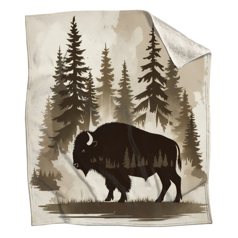Bison dans des couvertures de forêt, L 60 po x H 80 po, Dark Brown Light Beige 2