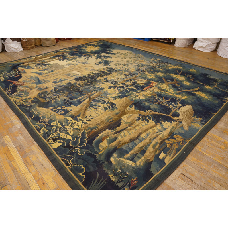 Antique Tapestry Room Size Wool Ivory Rug