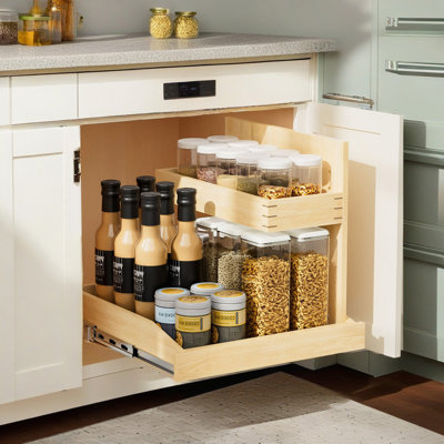 Organisateur sous évier et rangement l 22 ½ po x P 21 po, organisateur d'armoire coulissant à 2 niveaux avec fermeture en douceur, organisateur d'armoire coulissant réglable avec support en U pour la cuisine de la salle de bain (à droite)