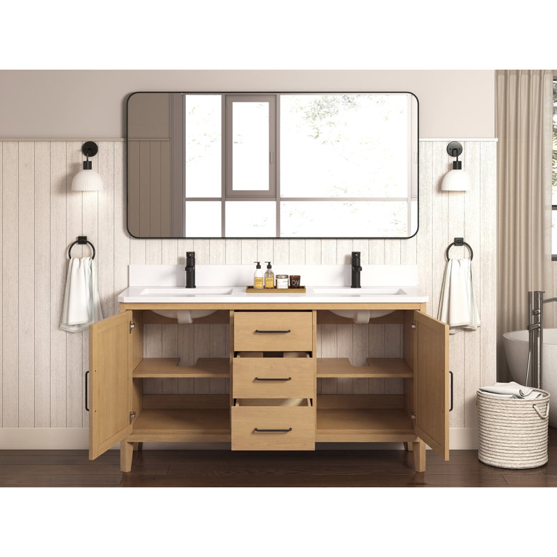 Meuble-lavabo autoportant Tennant Brand de 72 pouces, style moderne du milieu du siècle, couleur chêne brun chaud, double lavabo, comptoir en quartz blanc, entièrement assemblé