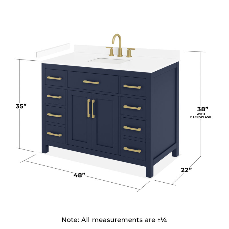Meuble-lavabo simple 48 po Beckett en bleu foncé, comptoir en marbre de culture blanc, lavabo carré encastré (3 trous), garniture or brossé