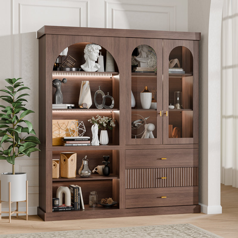 Ensemble d'armoires de rangement de 70 po de hauteur avec tablettes à DEL et garde-robe en verre, armoire moderne en bois avec tiroirs, rangement multifonctionnel pour le salon et la chambre à coucher