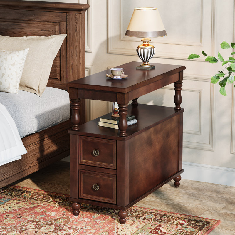 Table de chevet 2 tiroirs en bois massif pour chambre, Individuel, Noyer