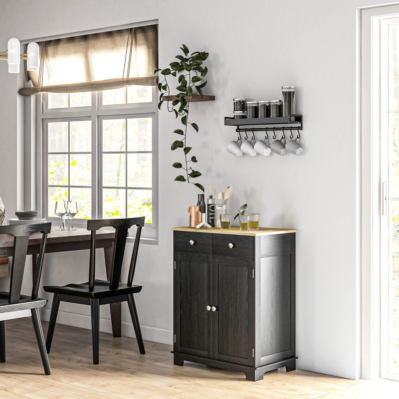 Buffet de comptoir en bois massif - noir vieilli, 2 tiroirs, portes, tablette réglable pour armoire de rangement noire avec comptoir et cuisine