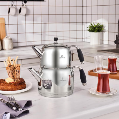 Stella Stainless Steel Turkish Teapot Set XL Tea Pot & Water Tank Kettle Stove Top/Induction Compatible Elegant Colour Easy To Clean Heat Resistant Handles