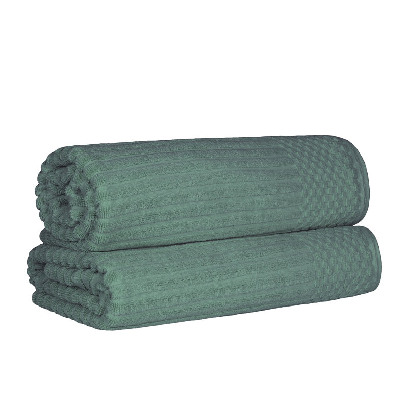 Yaholo Cotton Highly Absorbent Solid and Checkered Border Bath Sheet Set, Basil