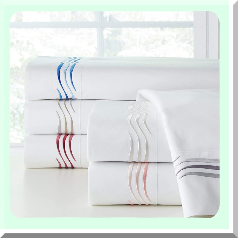 WaveLux 300 Thread Count Embroidered Pillow Case Set - White - Standard Size - Soft & Luxurious - Premium Quality - Breathable Fabric - Elegant Design