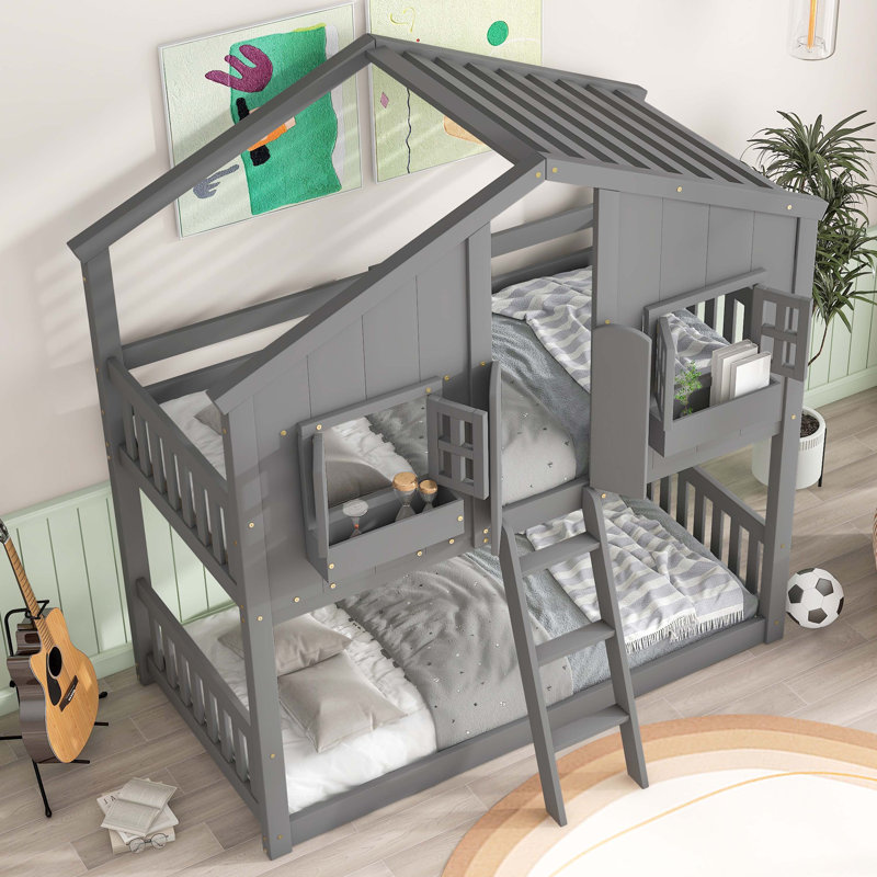 Twin Over Twin House Bunk Bed With Roof and Window, Gray