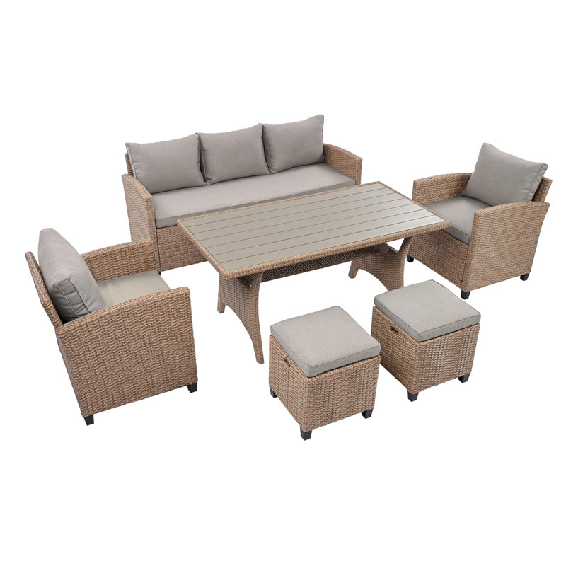 Ensemble de 6 chaises d'extérieur en rotin pour jardin, chaise, tabourets et table en rotin d'osier et résine Topmax, Naturel