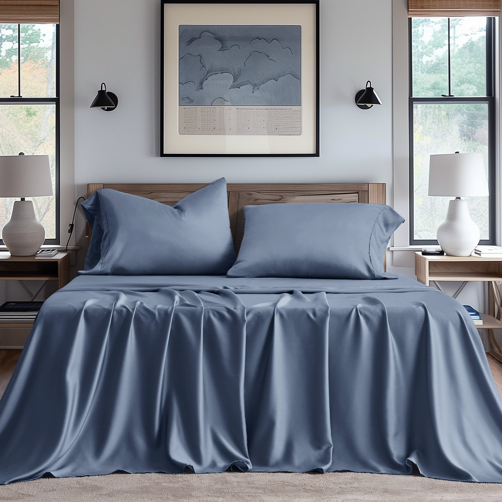 Tencel Sheet Set 4 Pieces, Stormy Blue, Queen Sheet Set + 1 Fitted Sheet + 2  Pillowcases