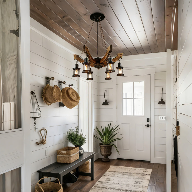 Luminaire suspendu de style rustique en bois rustique et en verre de 29 po à 6 lumières pour cuisine, salle à manger ou bar
