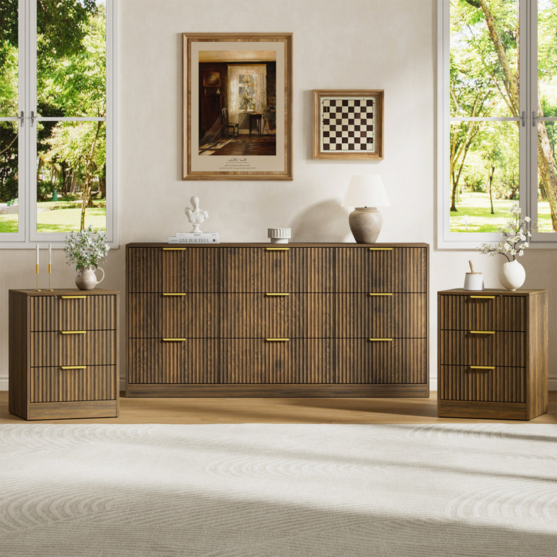 Ensemble 3 pièces commode 9 tiroirs et table de chevet 3 tiroirs, Noyer