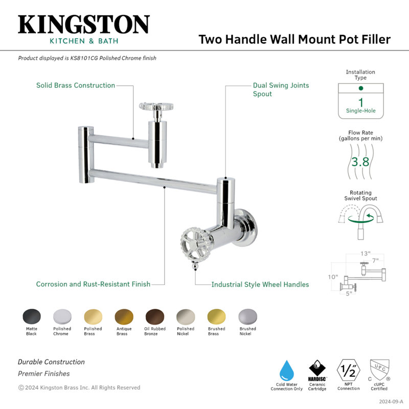 Kingston Brass Fuller Two-Handle 1-Hole Wall Mount Pot Filler Faucet, Oil Rubbed Bronze