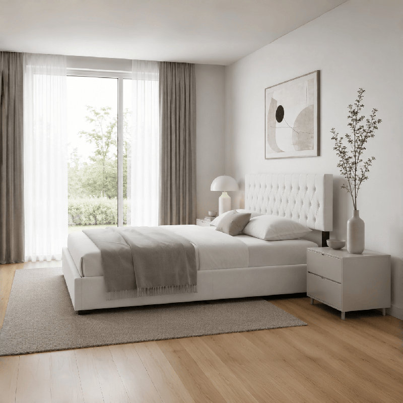 4 Drawers Upholstered Storage Bed, Cream, Queen