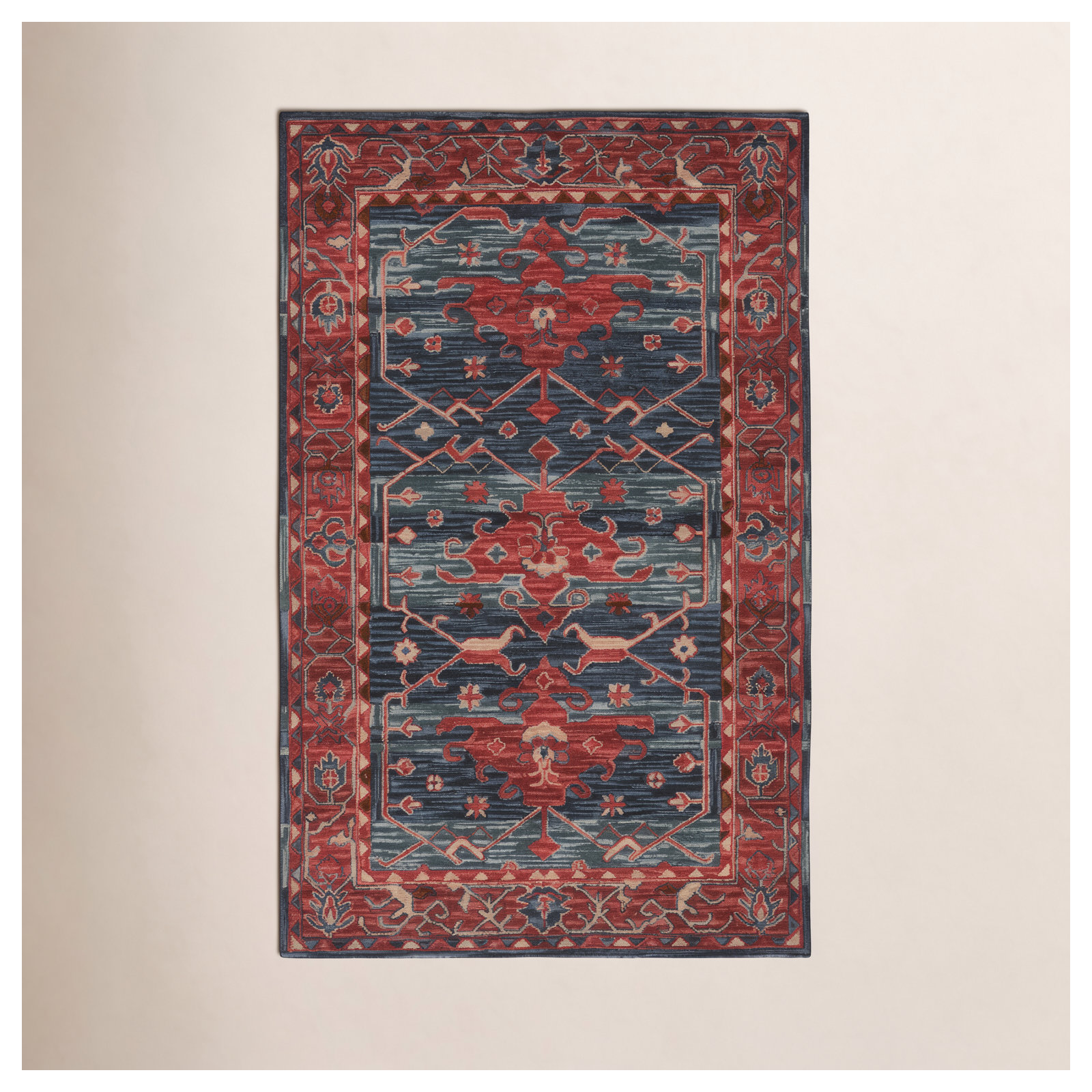 Handmade Wool Rust/Blue Rug, Rectangle 10' x 14'