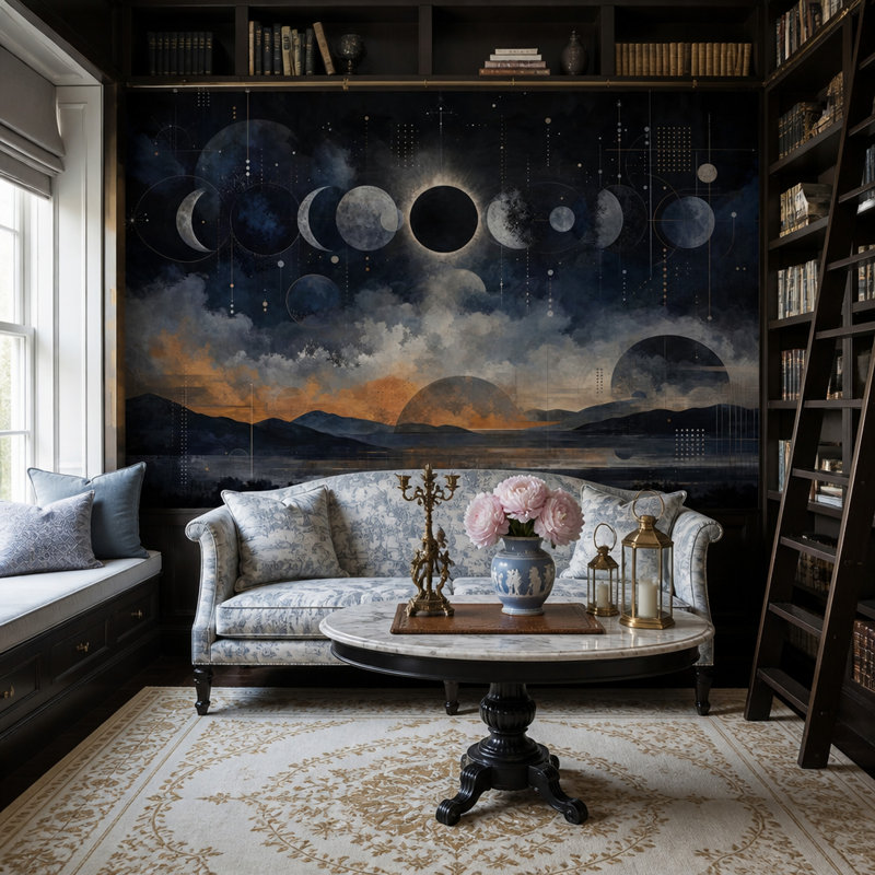 Moon Phases Wallpaper Solar Eclipse Dark Celestial Removable Wall Decor, 200"x120", Textured Non-Pasted