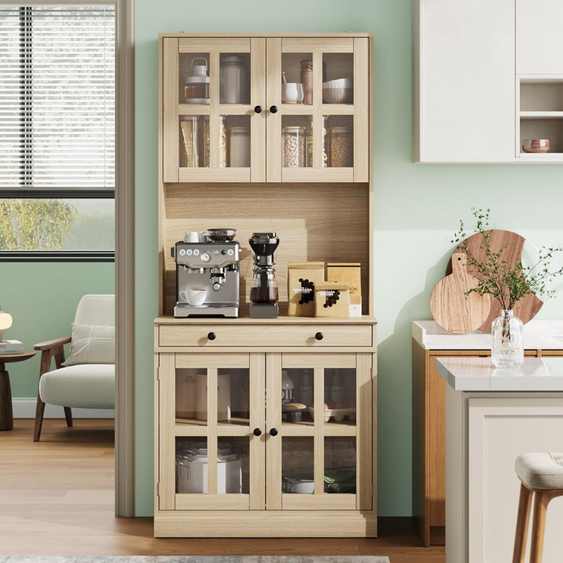 Armoire de cuisine 72 pouces avec portes en verre, tiroir et tablettes réglables, Light Oak