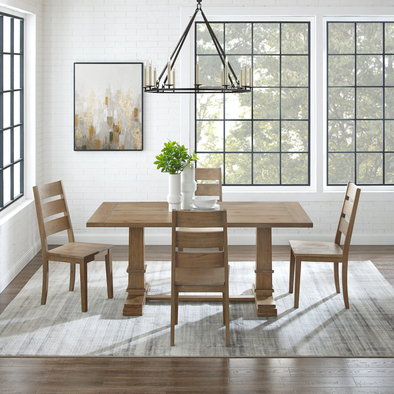 Heymann Trestle Dining Set with Solid Wood Chairs, 5 Pieces: Table, 4 Chairs, Tan