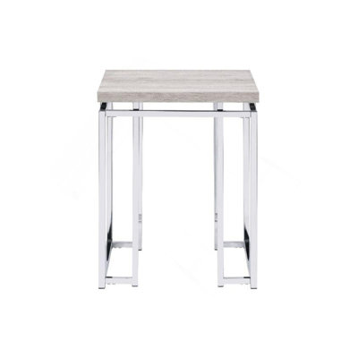 Table de bout carrée avec base en métal, chêne naturel et chrome