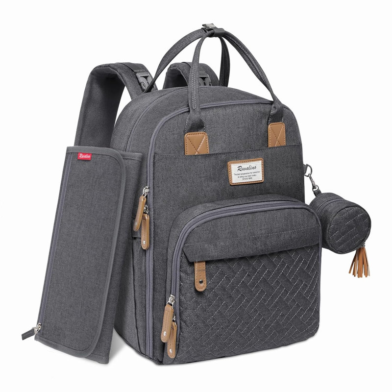  Grand sac à dos avec sac à couches, sac de voyage imperméable pour bébé avec matelas à langer et sangles de poussette, gris foncé