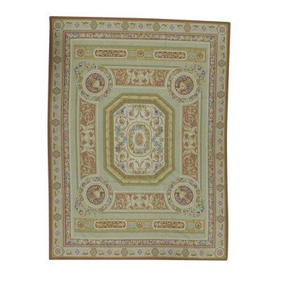 Tapis vert et bleu noué à la main de haute qualité
