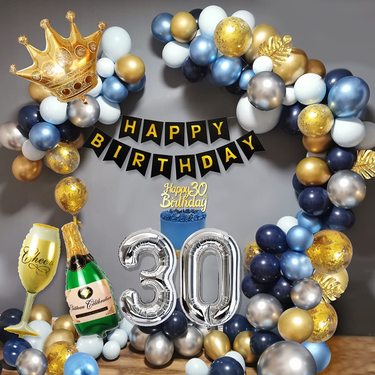 MMTX 30Th Birthday Decorations Men, MMTX 50Pcs Blue Gold Party Decorations With 30 Foil Balloon, Happy Birthday Banner, Cake Topper, Navy Blue Gold Silver Latex Balloons For 30Th Mens Birthday Party Decorations -