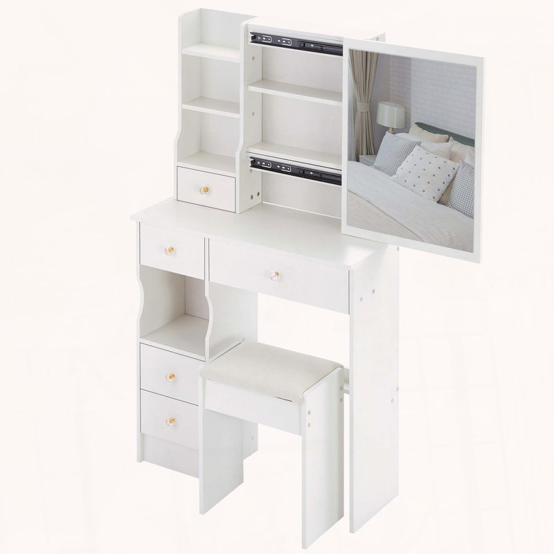 Petit meuble-lavabo avec miroir coulissant et rangement, Blanc