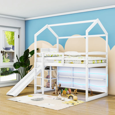 Amrika Playhouse Design Twin Loft Bed With Storage Shelves, Slide, Lights