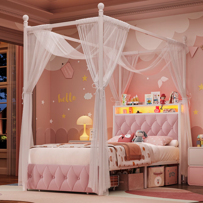 ⭐️ Magical Princess Bed for Kids | Twin Size with LED Lights & USB Charging | Pink, Pink, Twin