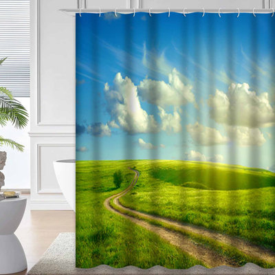 Summer Green Grass Road Sky Landscape Shower Curtain with 12 Hooks