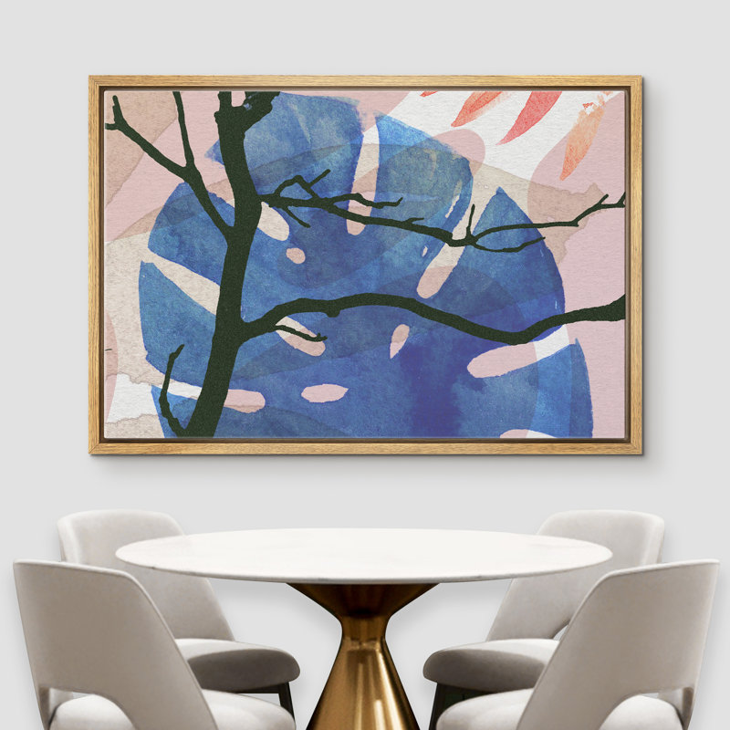 «Tree Silhouette And A Large Monstera Leaf», peinture sur toile à cadre flottant, Brun, H 24 po x l 36 po x P 1,5 po