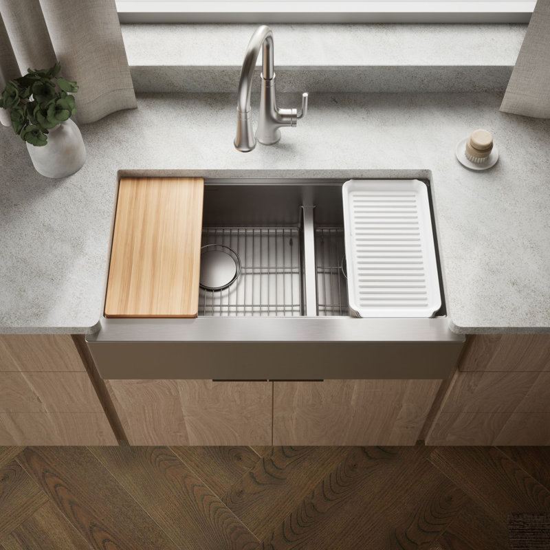 Strive® 35-1/2 In. Undermount Double-Bowl Farmhouse Workstation Kitchen Sink