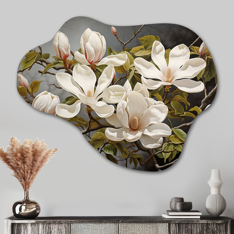 White Green Magnolias Magnolia Serenity - Magnolias Asymmetrical Metal Print, Traditional Cloud Metal Wall Art