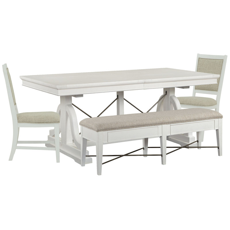 Extendable Trestle Dining Table With 2 Upholstered Side Chairs And Upholstered Bench, 4 Pieces: Table, Bench, 2 Chairs