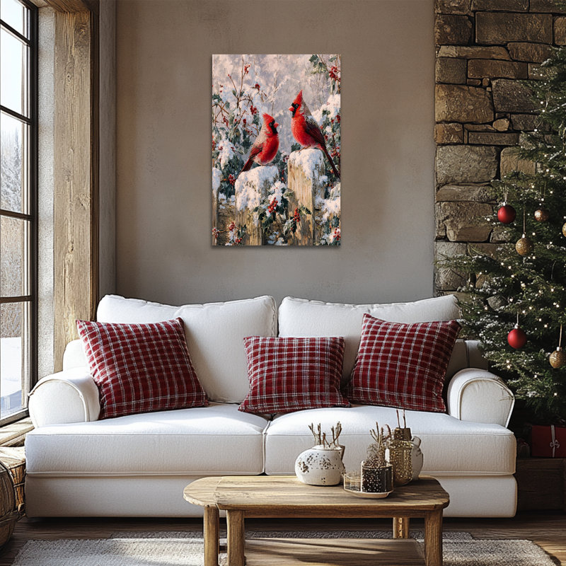 Grand art mural d'hiver Cardinal - décorations murales de Noël, art de Noël oiseau rétro, peintures murales sur toile des Fêtes pour le salon, impressions sur toile tendue encadrée, 28 po x 40 po