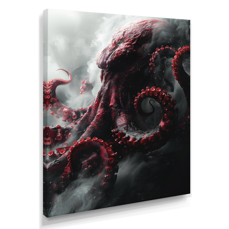  «Red Grey Kraken Mythical Creature I - Mythical Creatures, art mural, Toile tendue, H 16 po x l 32 po
