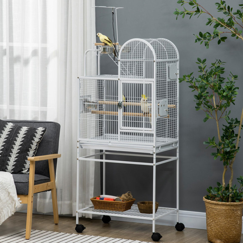 Cage à perroquets de 140 cm (55 pouces), en acier blanc, avec crochets, perchoirs, mangeoires et support à roulettes pour volière d'inséparables et perroquets curieux.