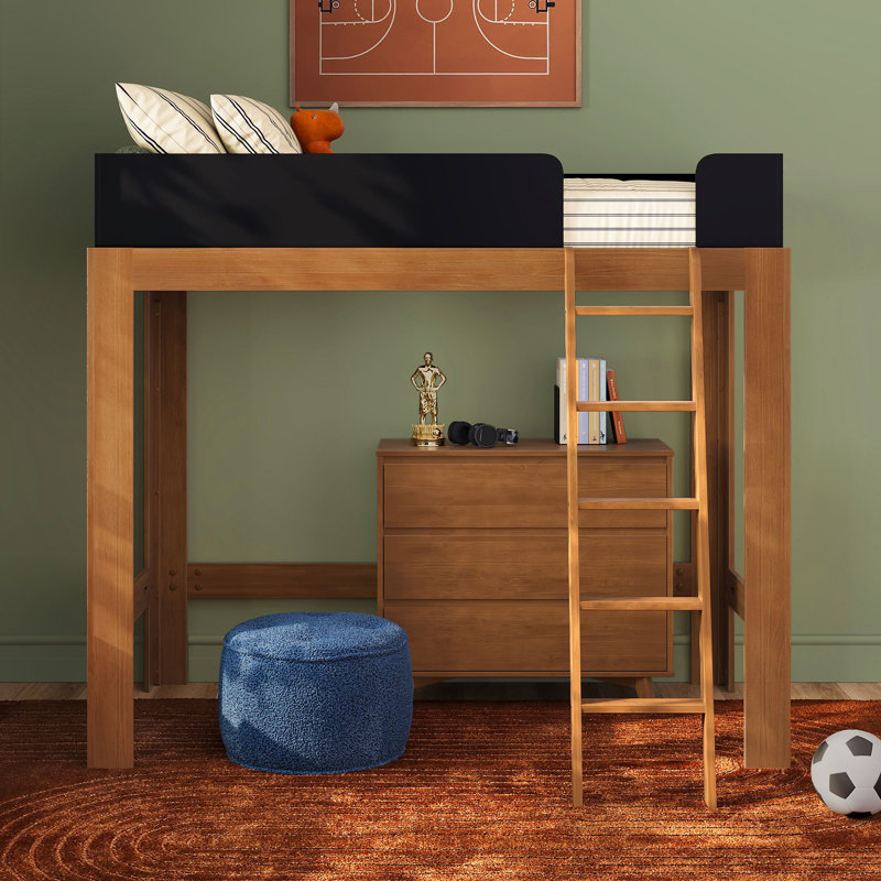 Ambur Twin Solid Wood Loft Bed, Pecan/Black